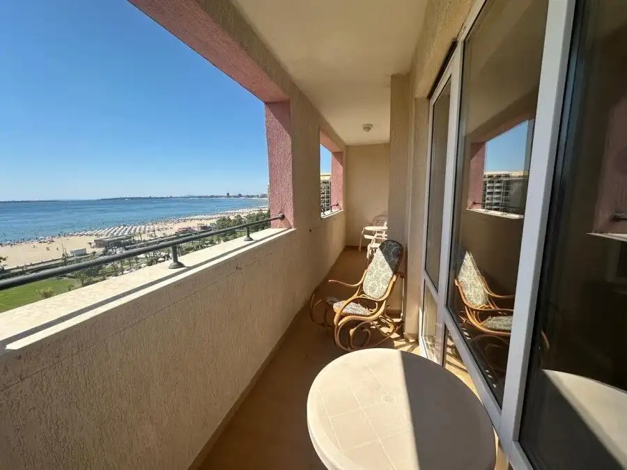 Sea view balcony of a beachfront apartment in Majestic Sunny Beach, offering panoramic ocean vistas.