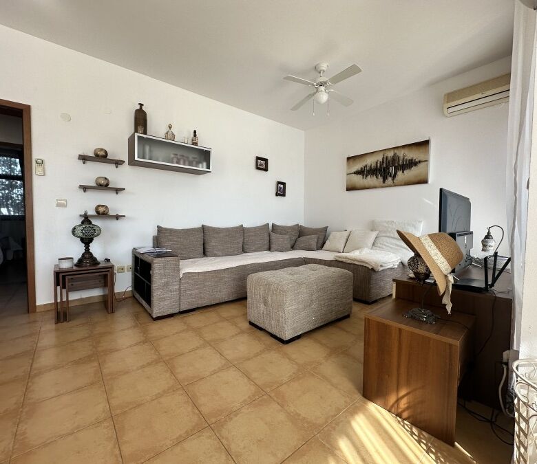 Bright living room with comfortable sofa and stylish decor in Nessebar view apartment.