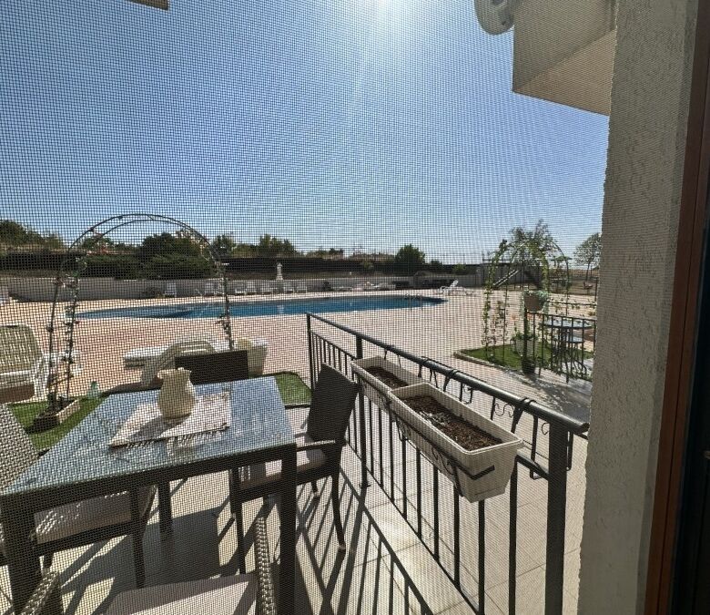 Balcony of a 2-bedroom furnished apartment overlooking Nessebar, near Sunny Beach and Kosharitsa.