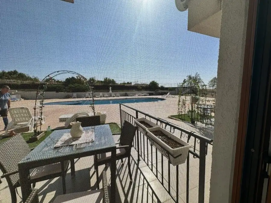 Balcony of a 2-bedroom furnished apartment overlooking Nessebar, near Sunny Beach and Kosharitsa.