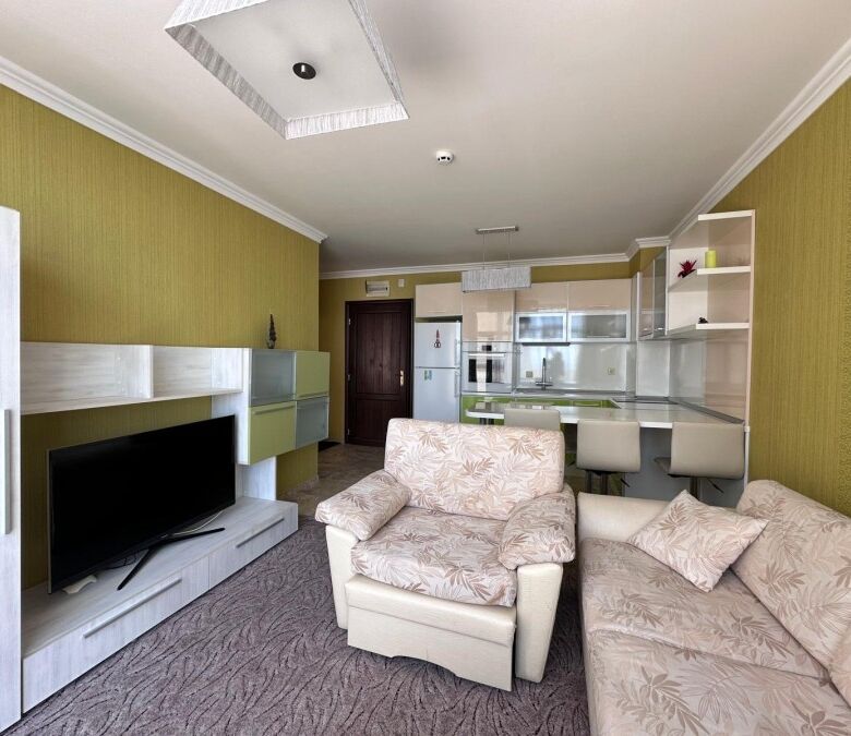 Bright living room with modern furniture and sea views in Sveti Vlas.