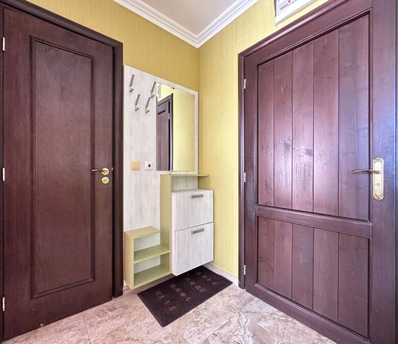 Bright hallway with dark wood doors and a mirror, leading to different rooms.