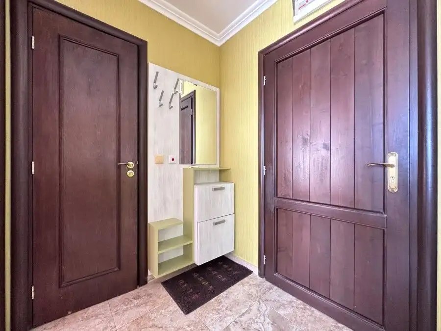 Bright hallway with dark wood doors and a mirror, leading to different rooms.