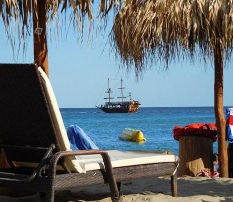 Sea view beach chairs and umbrellas near the sea in Sveti Vlas, Bulgaria.