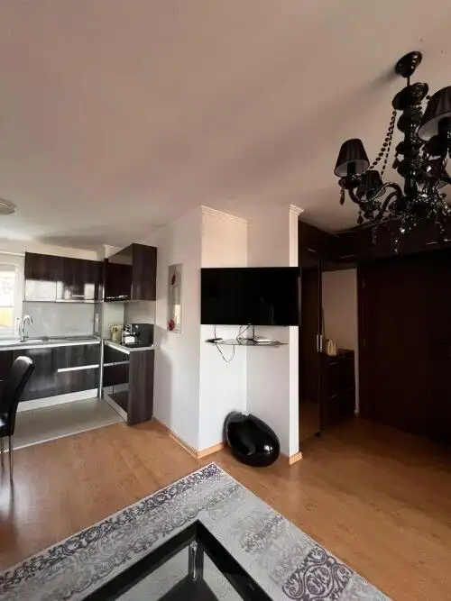 Bright living space with contemporary decor and a black chandelier.