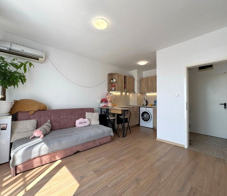 Bright living room with sofa and natural light, open-plan kitchen, and cozy decor.