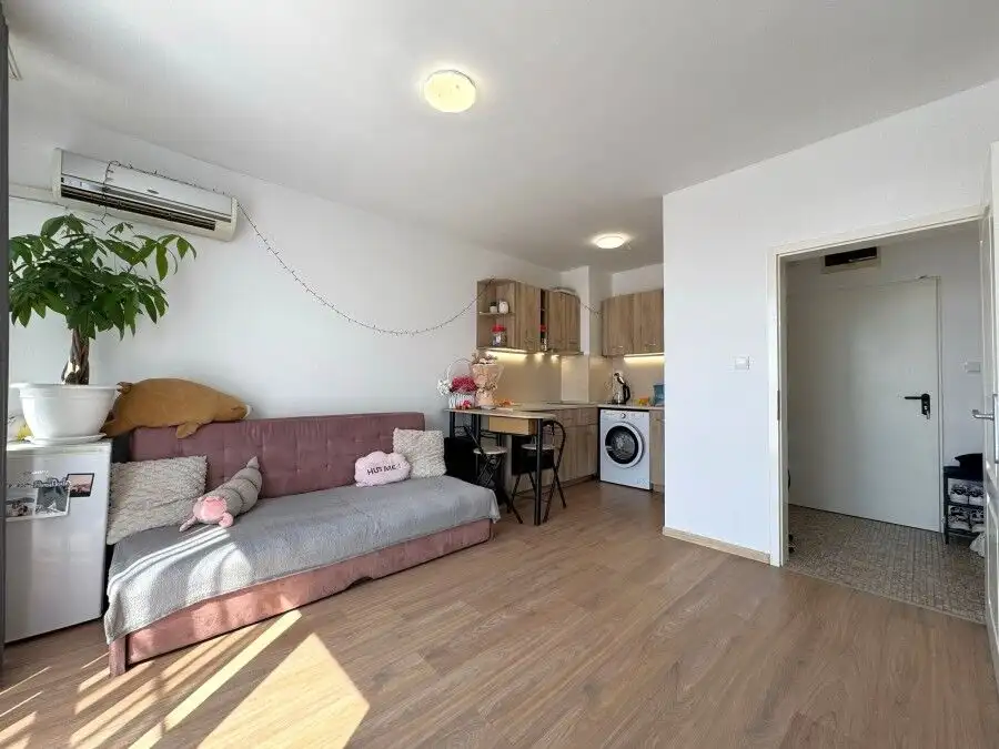 Bright living room with sofa and natural light, open-plan kitchen, and cozy decor.