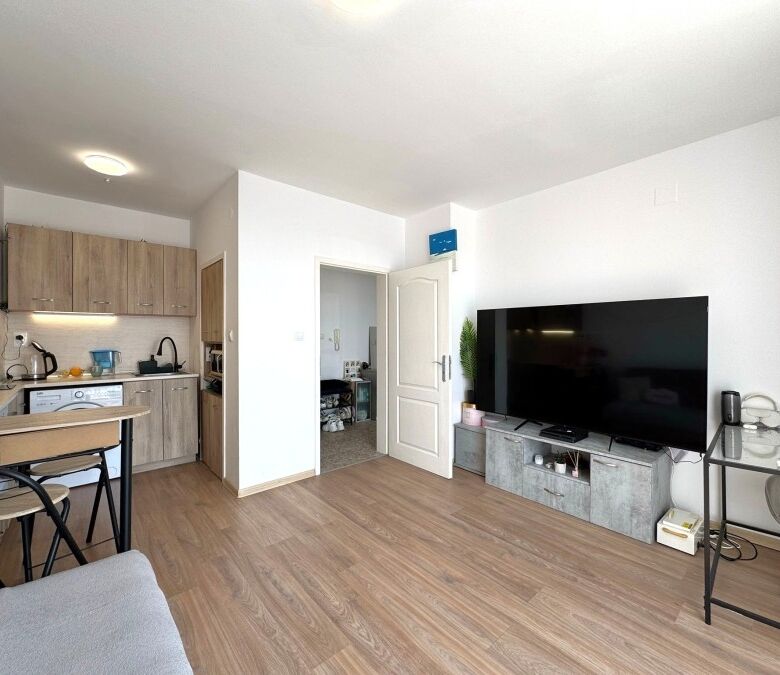 Modern 1-bedroom top floor apartment in Flores Park, Sunny Beach, with living area and kitchen.