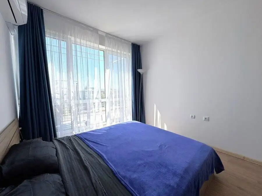 Bright bedroom with large windows and sea view in Flores Park, Sunny Beach.