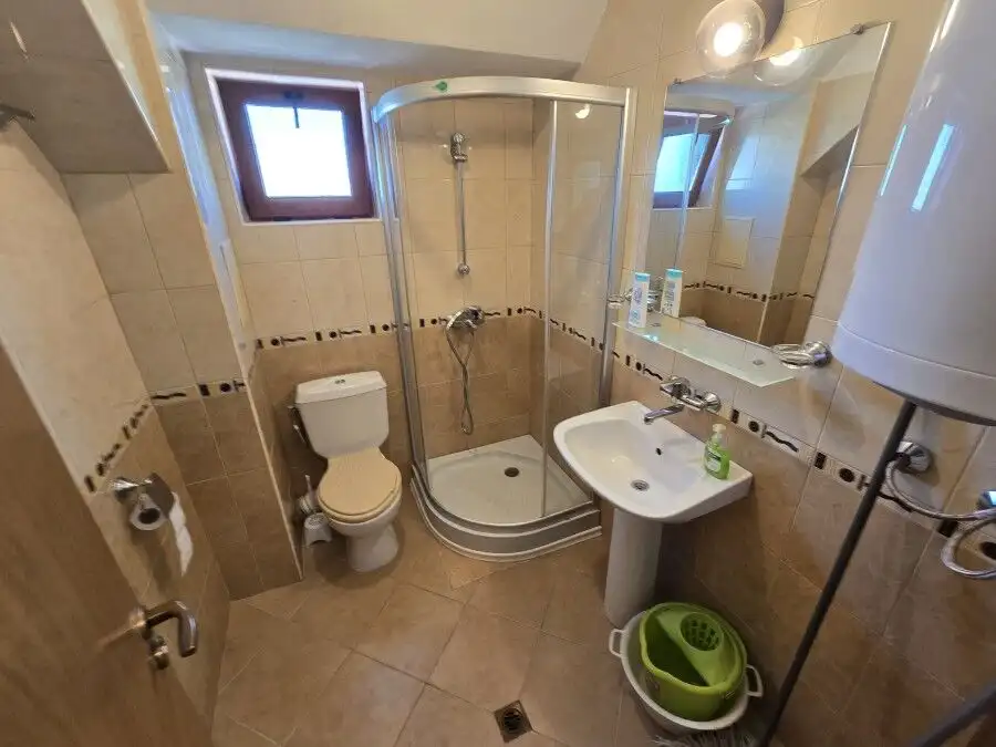 Bathroom with shower, toilet, and sink in a small, well-lit area.