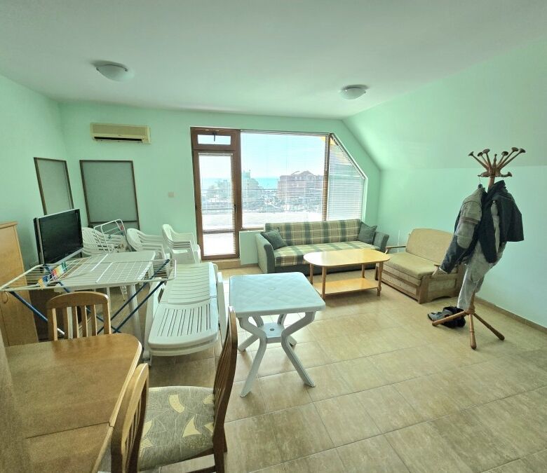 Bright 1-bedroom apartment with large terrace and sea views in Nessebar, Amoto. Spacious living area.