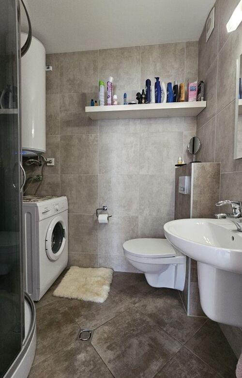 Bright bathroom with washing machine and toiletries in a furnished apartment.