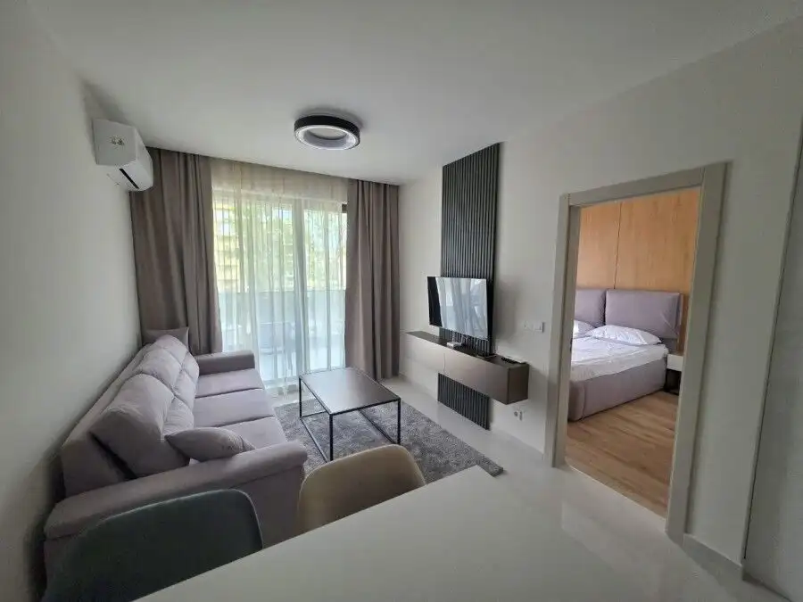Apartment interior with living room, sofa, TV, and bedroom view in Emilia Romana Verde.