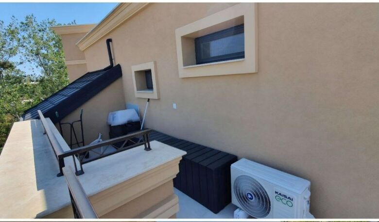 Spacious terrace of a luxury penthouse in Aphrodite Green, Sunny Beach, offering stunning 360° views.
