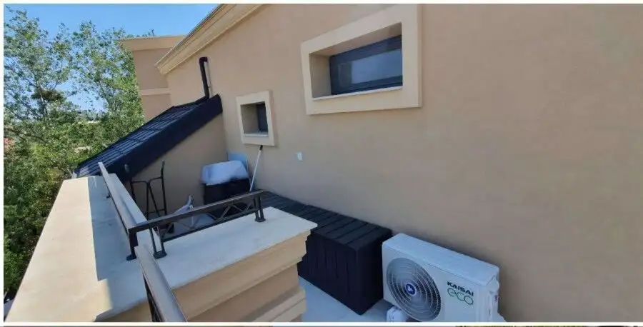 Spacious terrace of a luxury penthouse in Aphrodite Green, Sunny Beach, offering stunning 360° views.