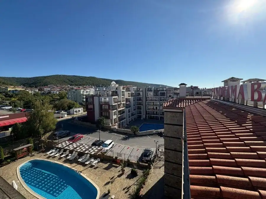 Sea and pool view studio apartment near the beach in Panorama Bay 2, St. Vlas, offering modern ameni.
