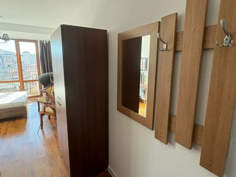 Modern studio interior with wardrobe and wall hooks in Panorama Bay 2, St. Vlas.