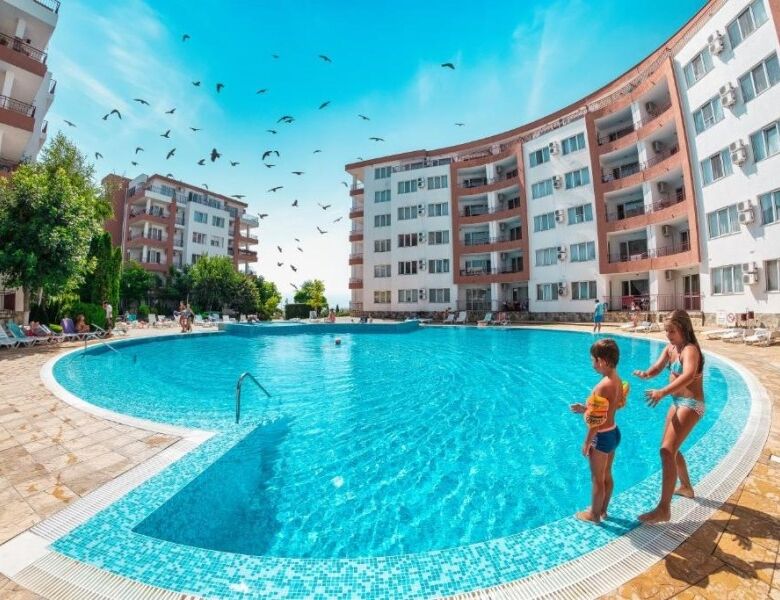 Spacious studio apartment pool view in Riviera Fort, Ravda, perfect for relaxing holidays.
