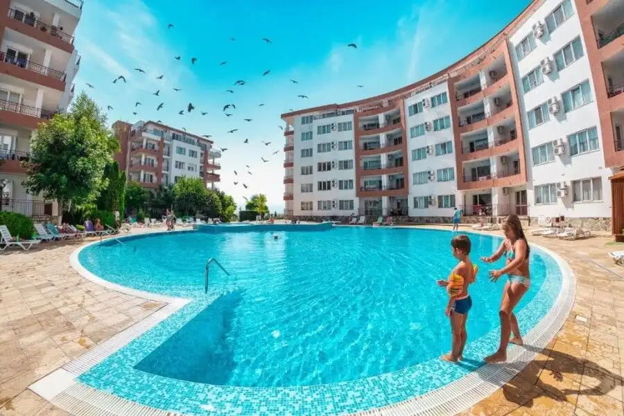 Spacious studio apartment pool view in Riviera Fort, Ravda, perfect for relaxing holidays.