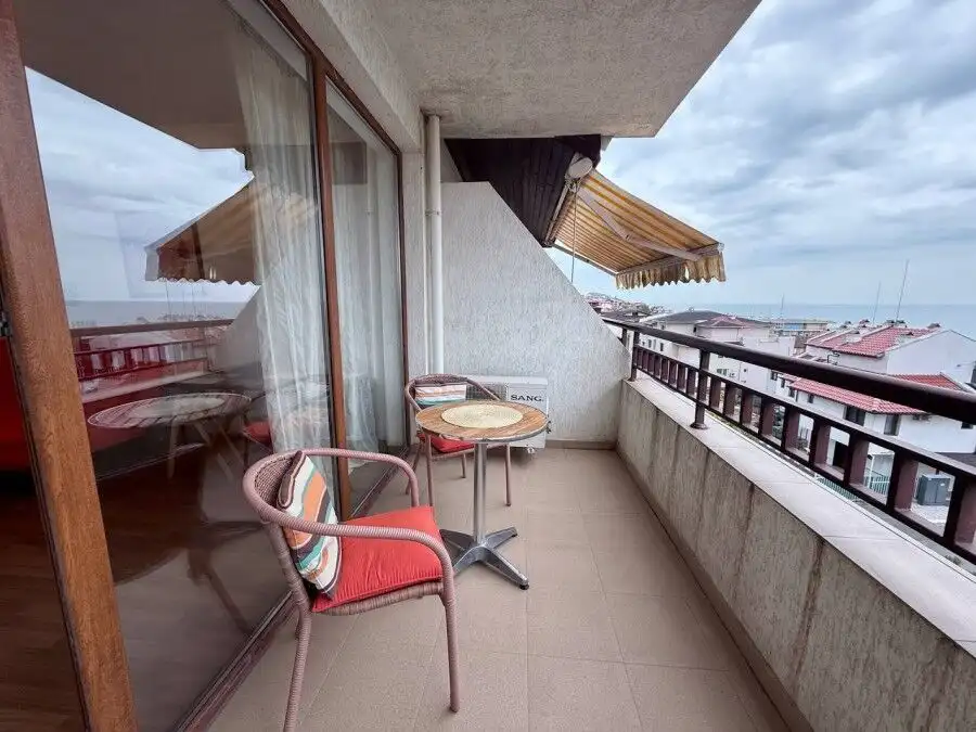 Balcony view of Sveti Vlas with sea and sky in the background.