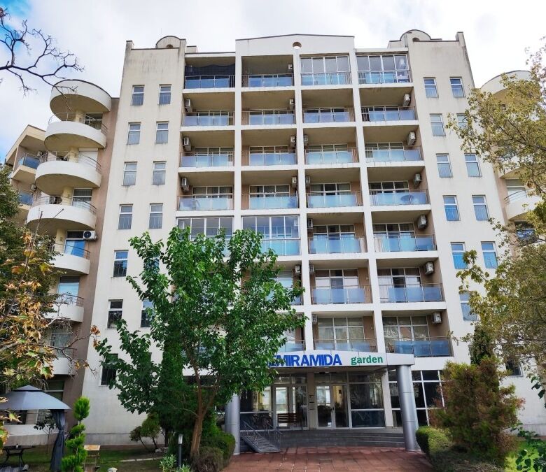 Modern 1-bedroom apartment in Semiramida Gardens, Sunny Beach, with balcony and garden views.