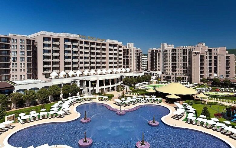 Modern apartment complex at Royal Beach Barcelo with pool and amenities in Sunny Beach.