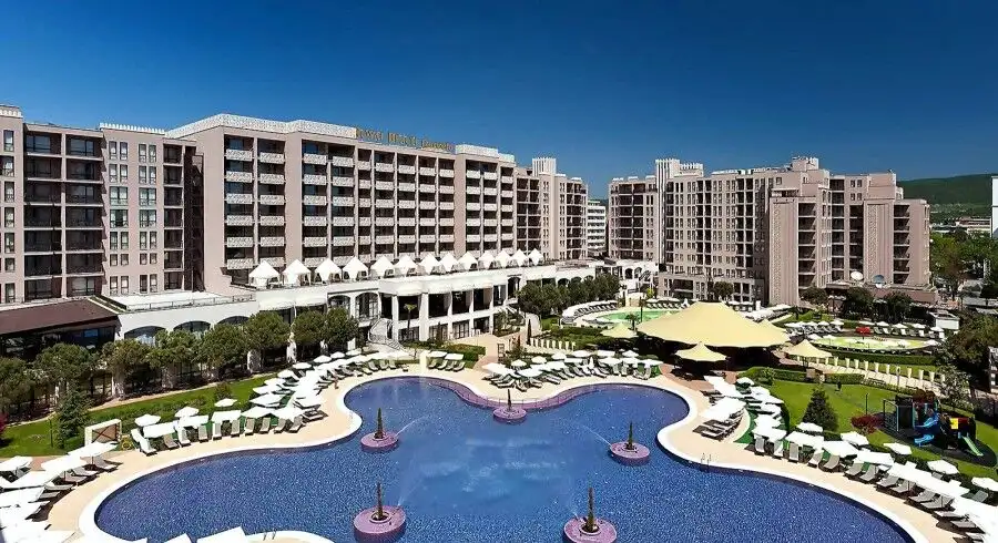 Modern apartment complex at Royal Beach Barcelo with pool and amenities in Sunny Beach.