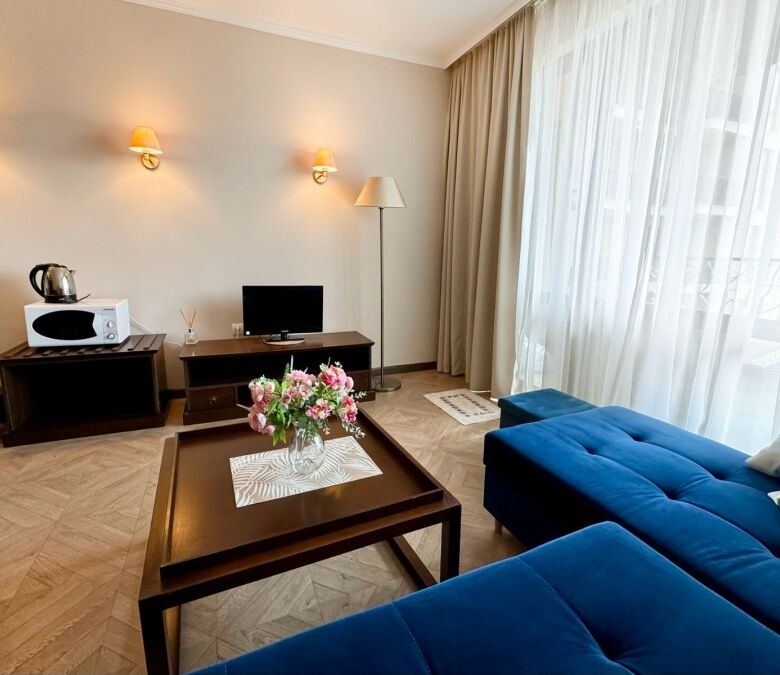 Bright living room with comfortable blue sofa, TV, and elegant decor in a sunny apartment.