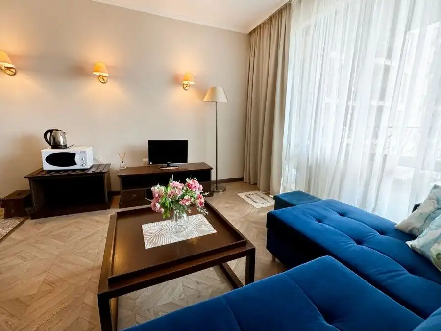 Bright living room with comfortable blue sofa, TV, and elegant decor in a sunny apartment.