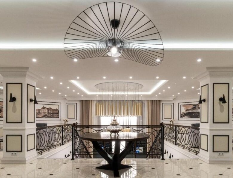 Elegant apartment interior with modern lighting and stylish decor.