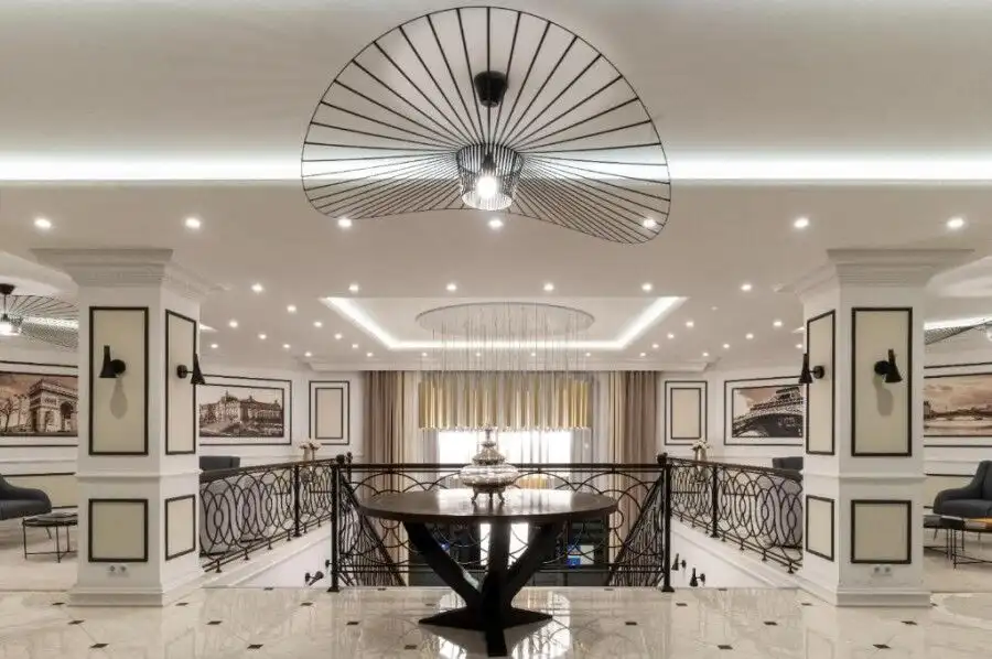 Elegant apartment interior with modern lighting and stylish decor.