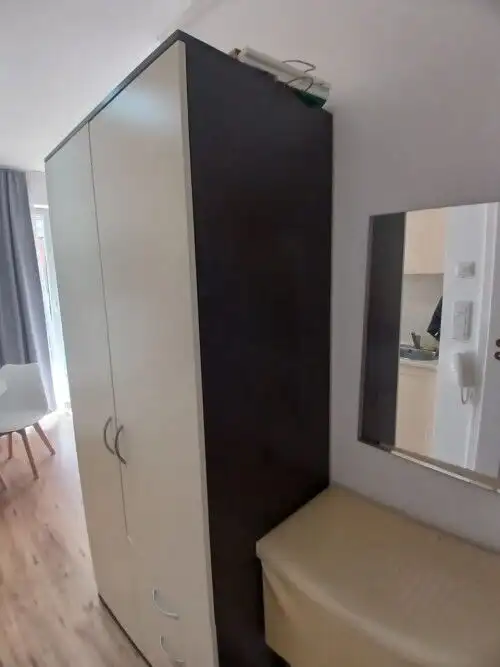 Compact studio wardrobe with mirror in modern apartment.