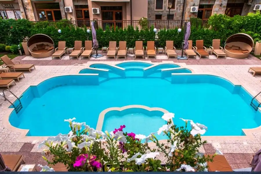 Furnished studio apartment with pool view in Dawn Park Deluxe, Sunny Beach, Bulgaria.