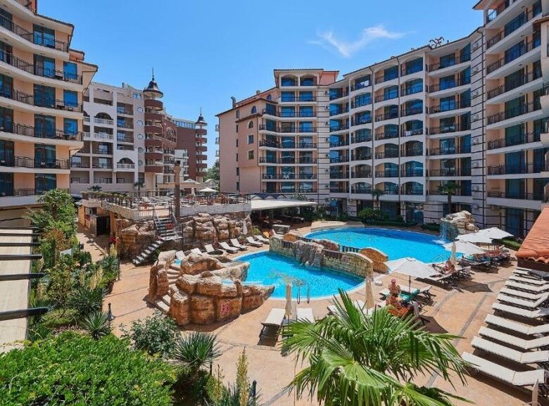 Modern studio apartment with pool view in Karolina Spa complex, Sunny Beach.