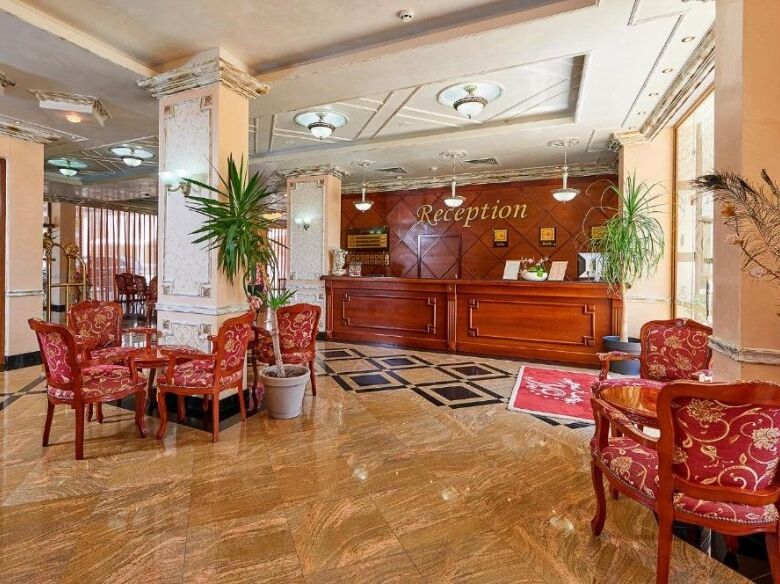 Reception area in a spa complex with elegant decor and comfortable seating in Sunny Beach.