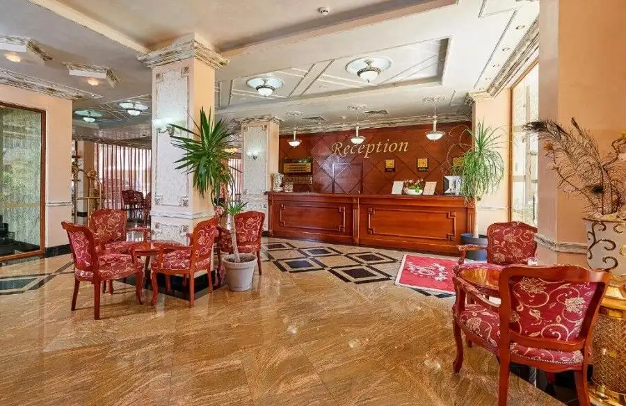 Reception area in a spa complex with elegant decor and comfortable seating in Sunny Beach.