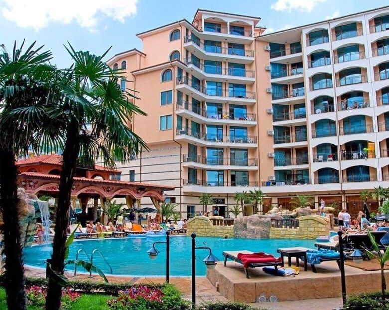 Bright studio apartment in a luxury spa complex at Sunny Beach, offering modern amenities and scenic.