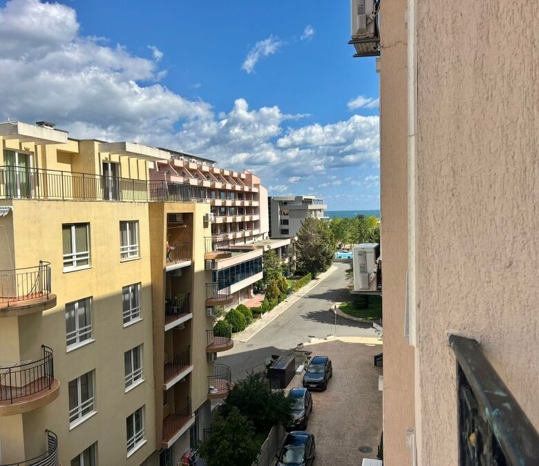 Bright view of Sunny Beach from a 52 sq.m. studio apartment in Karolina spa complex.
