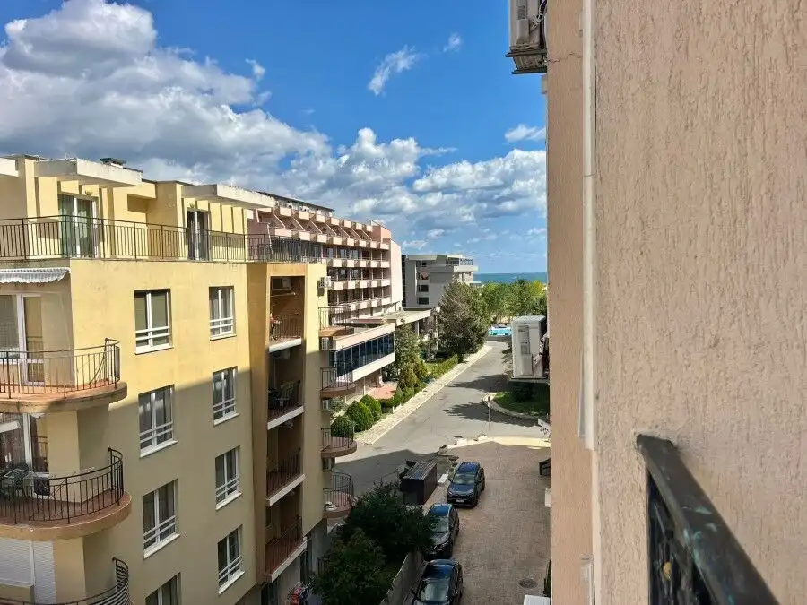 Bright view of Sunny Beach from a 52 sq.m. studio apartment in Karolina spa complex.