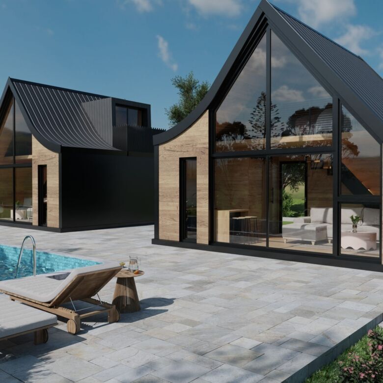 Modern luxury villas with large glass windows and stylish design near Sabljaci Lake, Ogulin. Perfect.