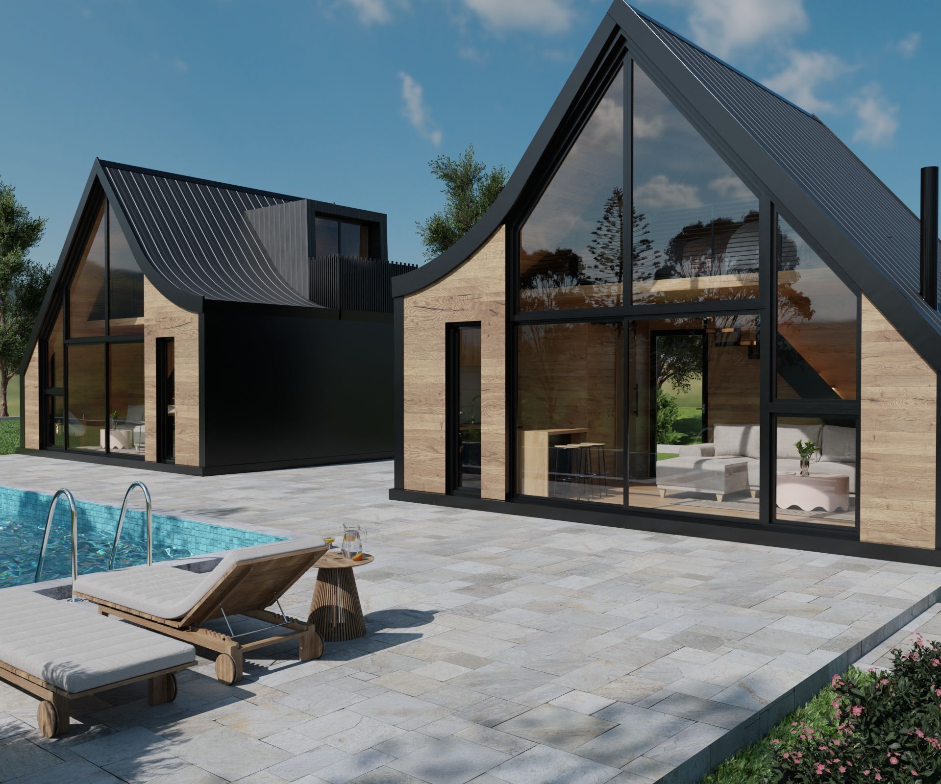 Modern luxury villas with large glass windows and stylish design near Sabljaci Lake, Ogulin. Perfect.