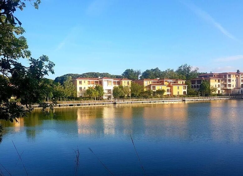 Scenic view of lakeside apartments in Mandelieu La Napoule near Cannes.