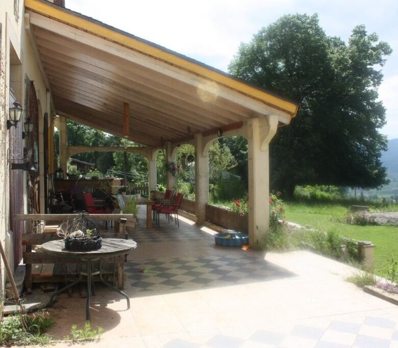 Terrace of Chateau Montcru in Allières Ariège.