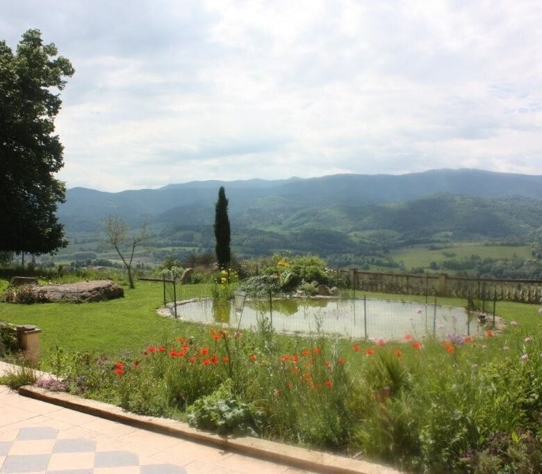 Beautiful landscape of Chateau de Montcru with lush gardens and scenic mountain backdrop in Allières.