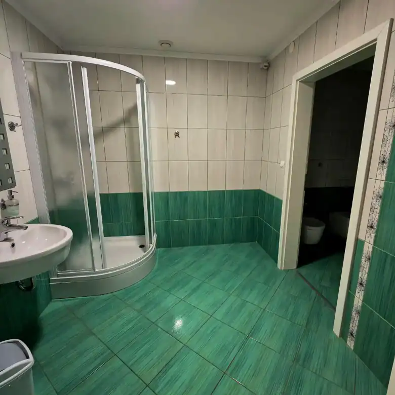 Bathroom with shower, sink, and toilet in a commercial property in Rogatec.