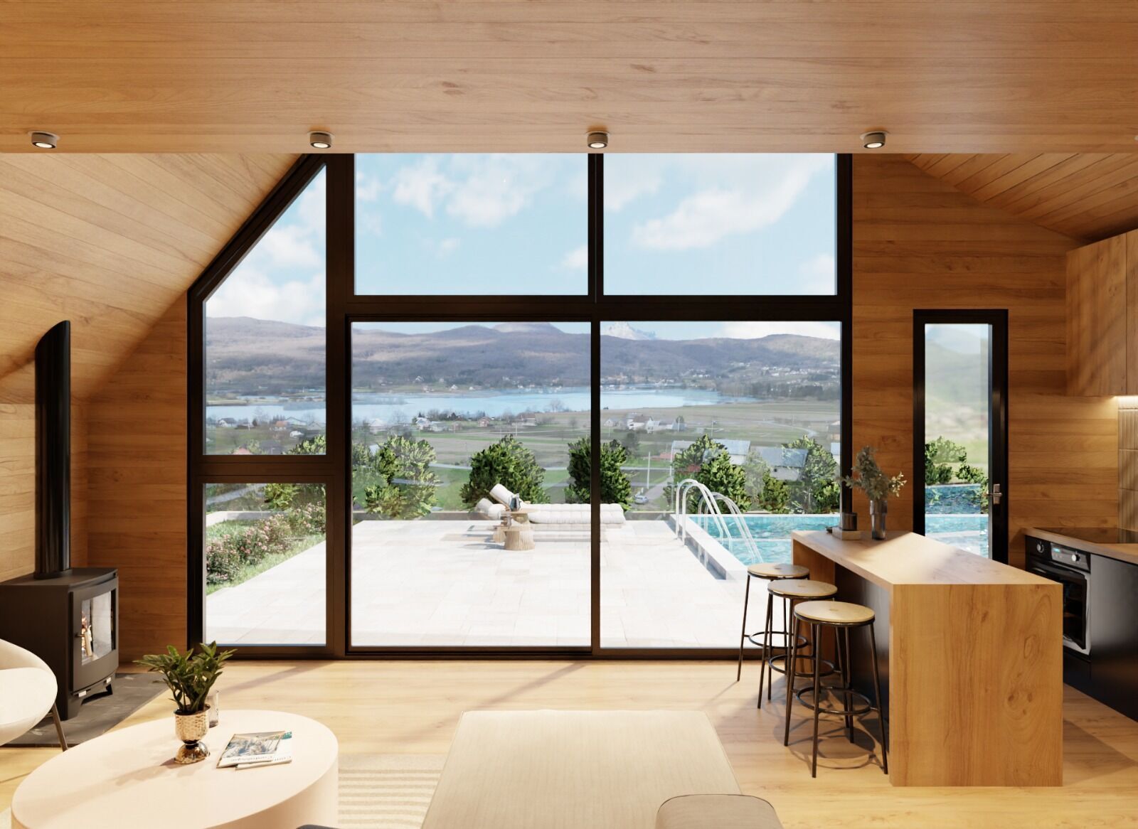 Luxury villa interior overlooking Sabljaci Lake in Ogulin.