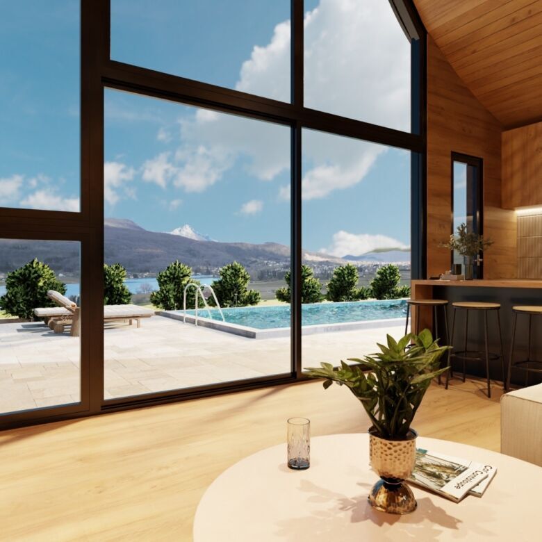 Luxury villa interior overlooking Sabljaci Lake in Ogulin, featuring modern design and panoramic win.