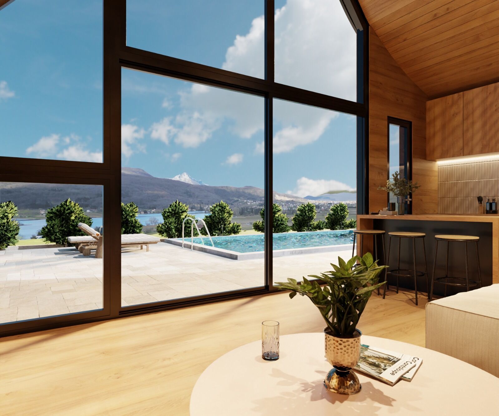 Luxury villa interior overlooking Sabljaci Lake in Ogulin, featuring modern design and panoramic win.