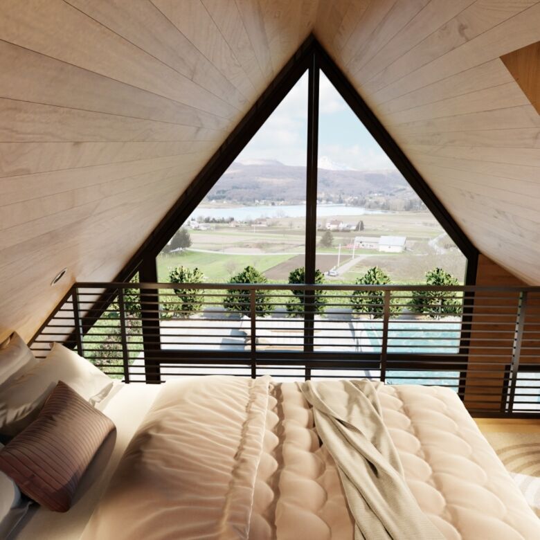 Luxury villa bedroom with panoramic lake view in Ogulin.