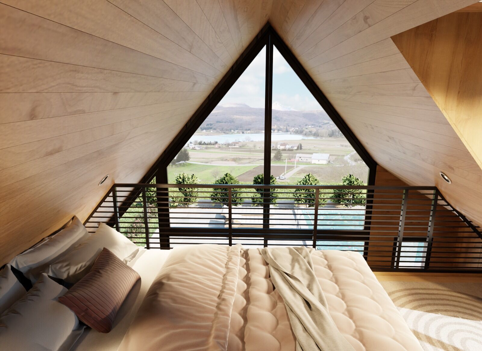 Luxury villa bedroom with panoramic lake view in Ogulin.
